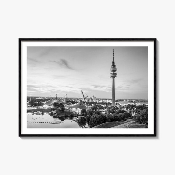 Munich Olympic Tower Park Black and White Evening Skyline Poster