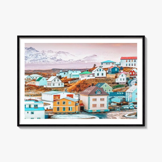 Iceland Colorful Village Snow Capped Mountain Town Winter Poster
