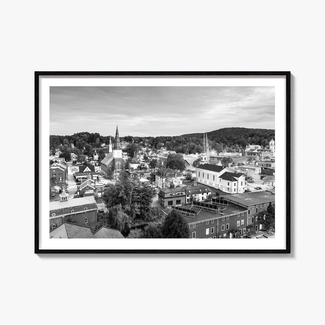 Burlington Vermont Black White Small Town Church Spires Poster
