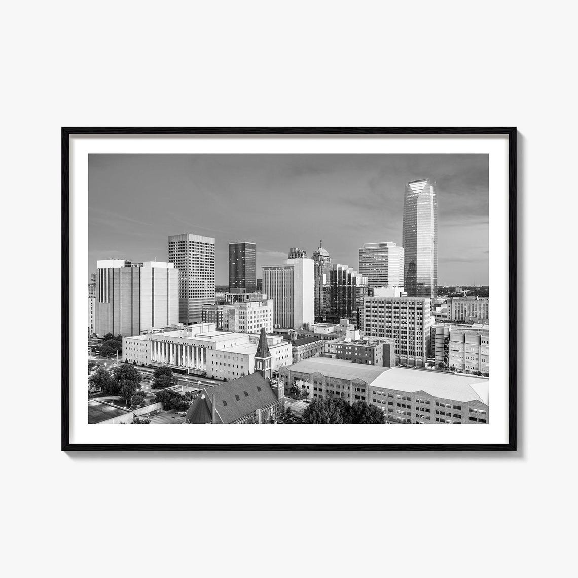 Oklahoma City Skyline Devon Tower Dusk Black And White Poster