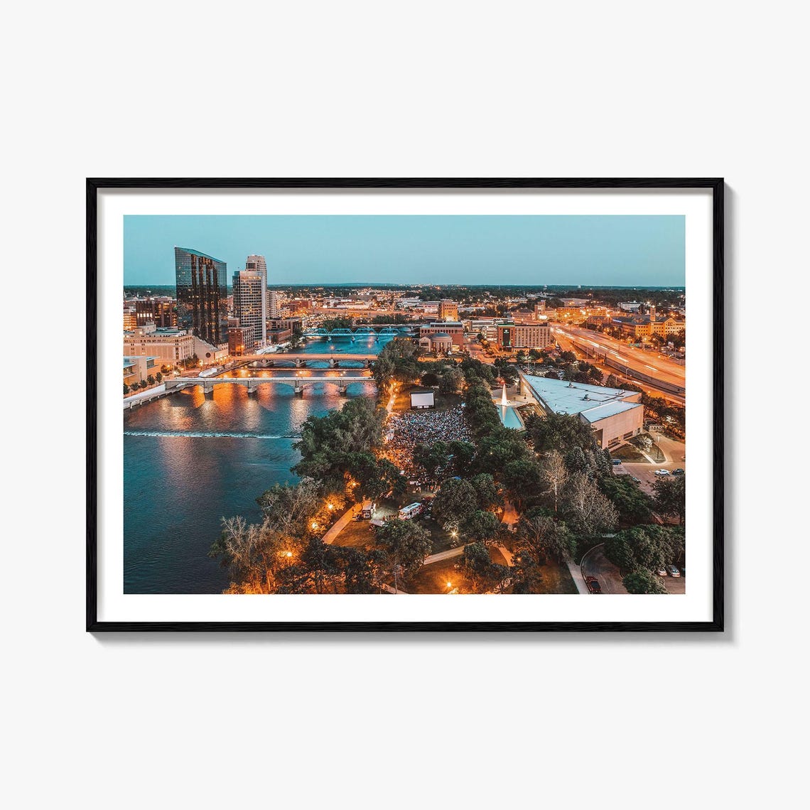 Grand Rapids Michigan Downtown River Bridges Aerial Dusk Poster