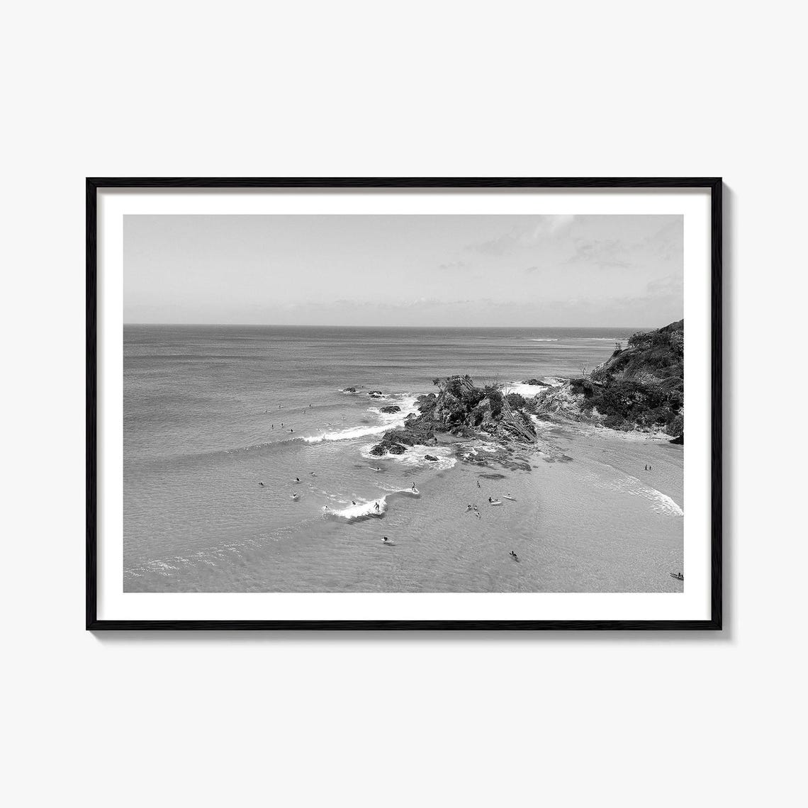 Byron Bay Australia Surf Beach Headland Black and White Poster