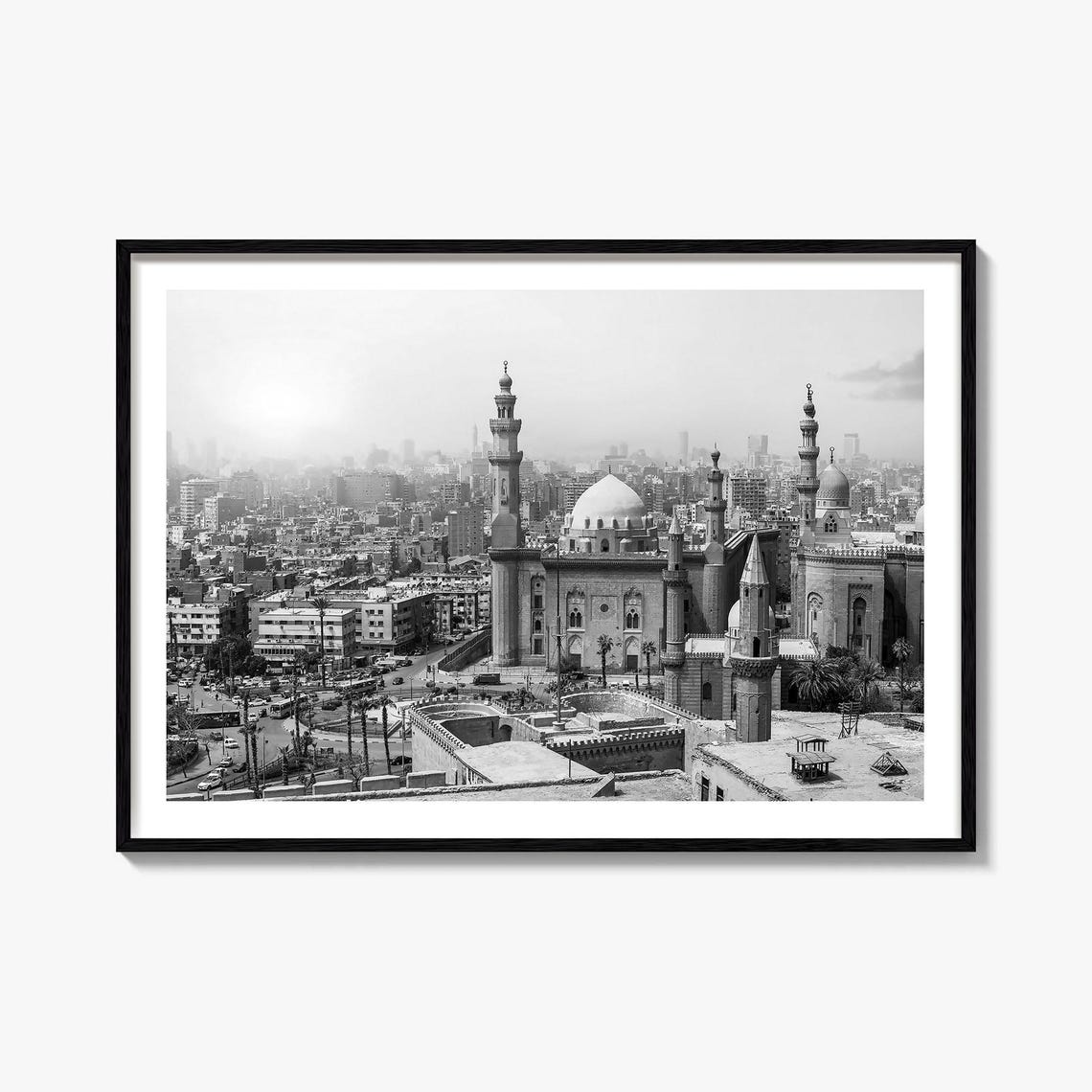 Egypt Cairo Historic Mosque Domes Minarets Black White Poster