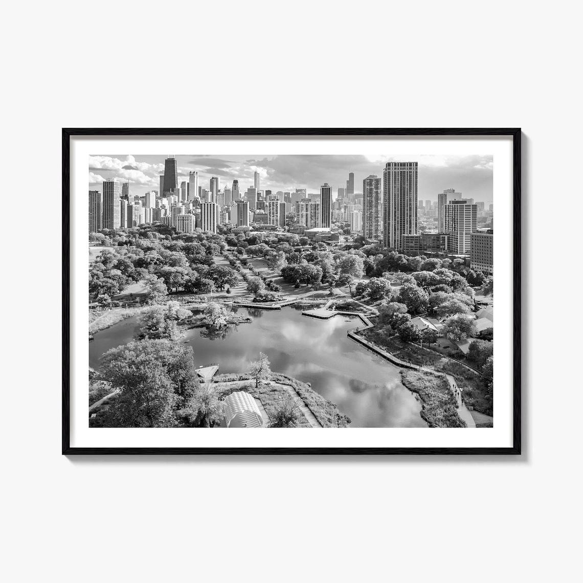 Lincoln Park Chicago Skyline Black And White Aerial View Poster