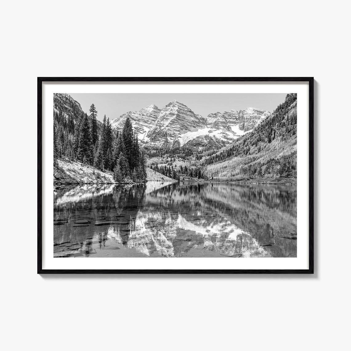 Maroon Bells Aspen Colorado Black and White Lake Reflection Poster