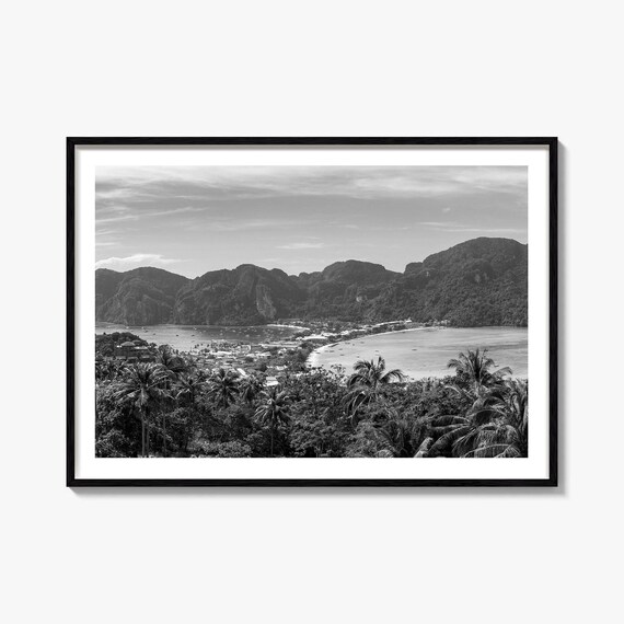 Phi Phi Islands Twin Bays Thailand Aerial Black White Photo Poster
