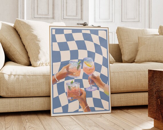 Friends Toasting Cocktails Blue Checkered Retro Bar Party Poster