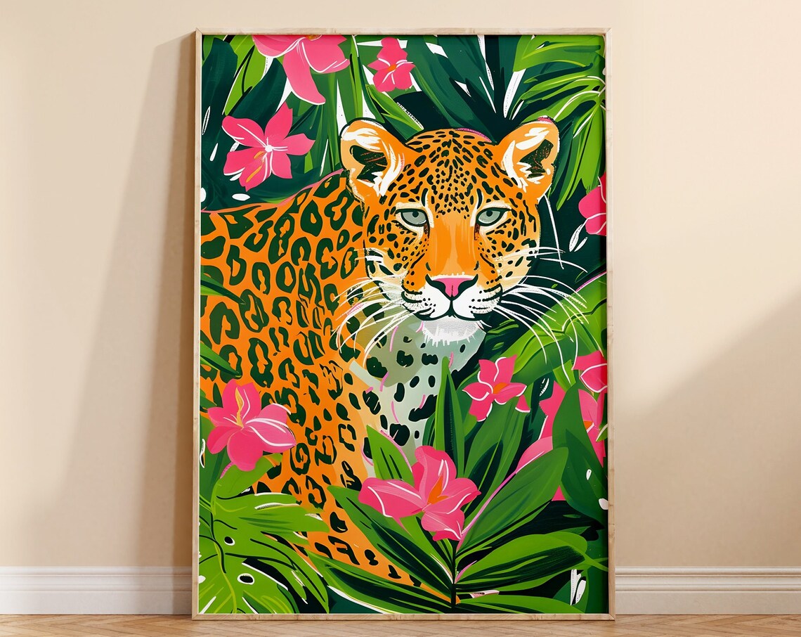 Leopard Tropical Leaves Pink Flowers Bold Wildlife Jungle Poster