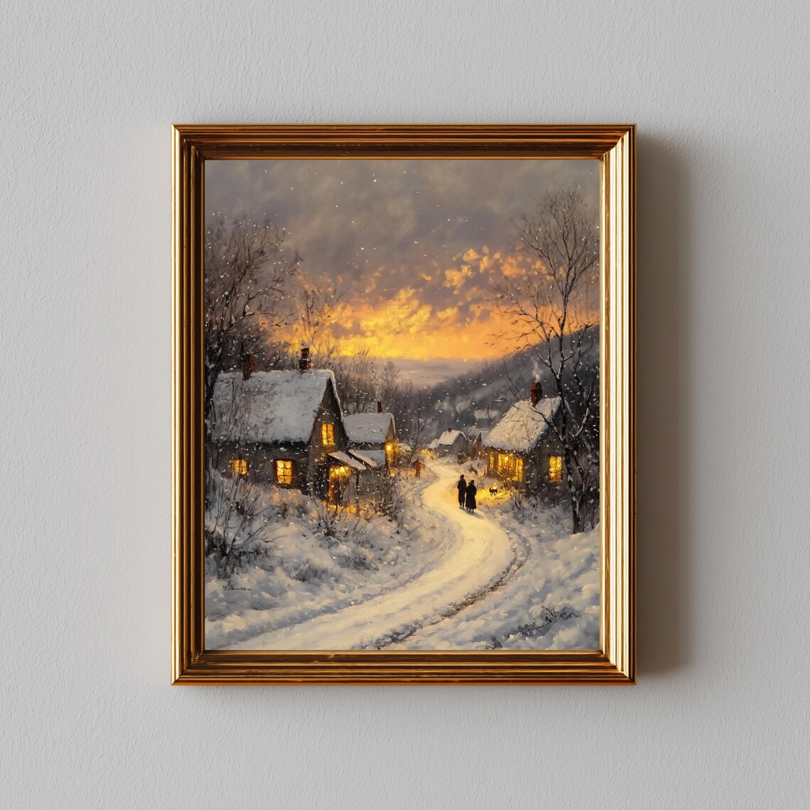 Winter Village Street at Dusk Glowing Windows Oil Painting Poster