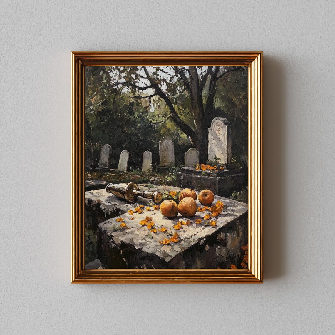 Autumn Cemetery Painting Vintage Pumpkin Graveyard Scene