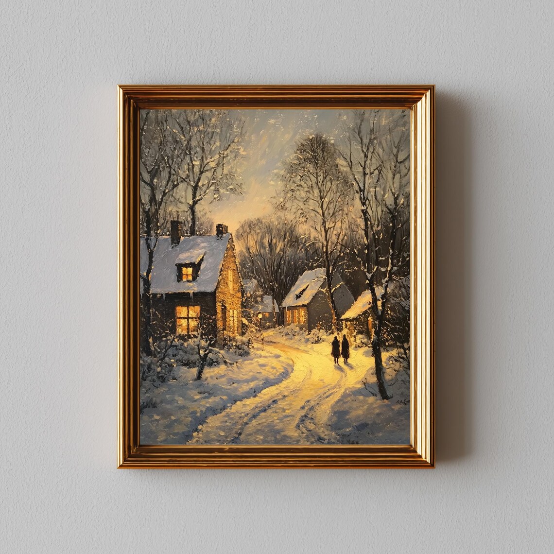Snowy Cottage Lane at Dusk Warm Windows Winter Painting Poster