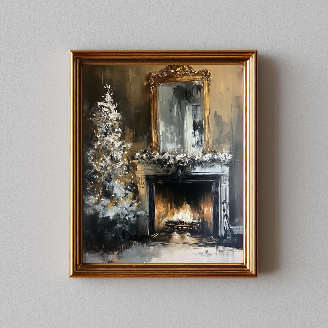 Ornate Edwardian Fireplace, Vintage Christmas Art Print