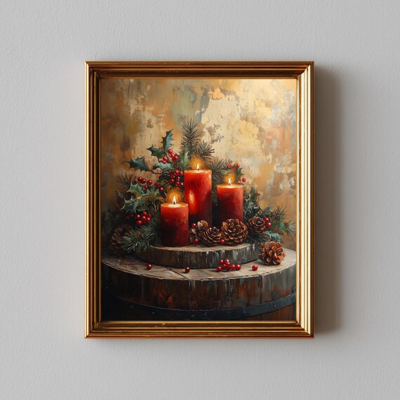 Vintage Christmas Candles Red Candles on Barrel Holly Painting Print