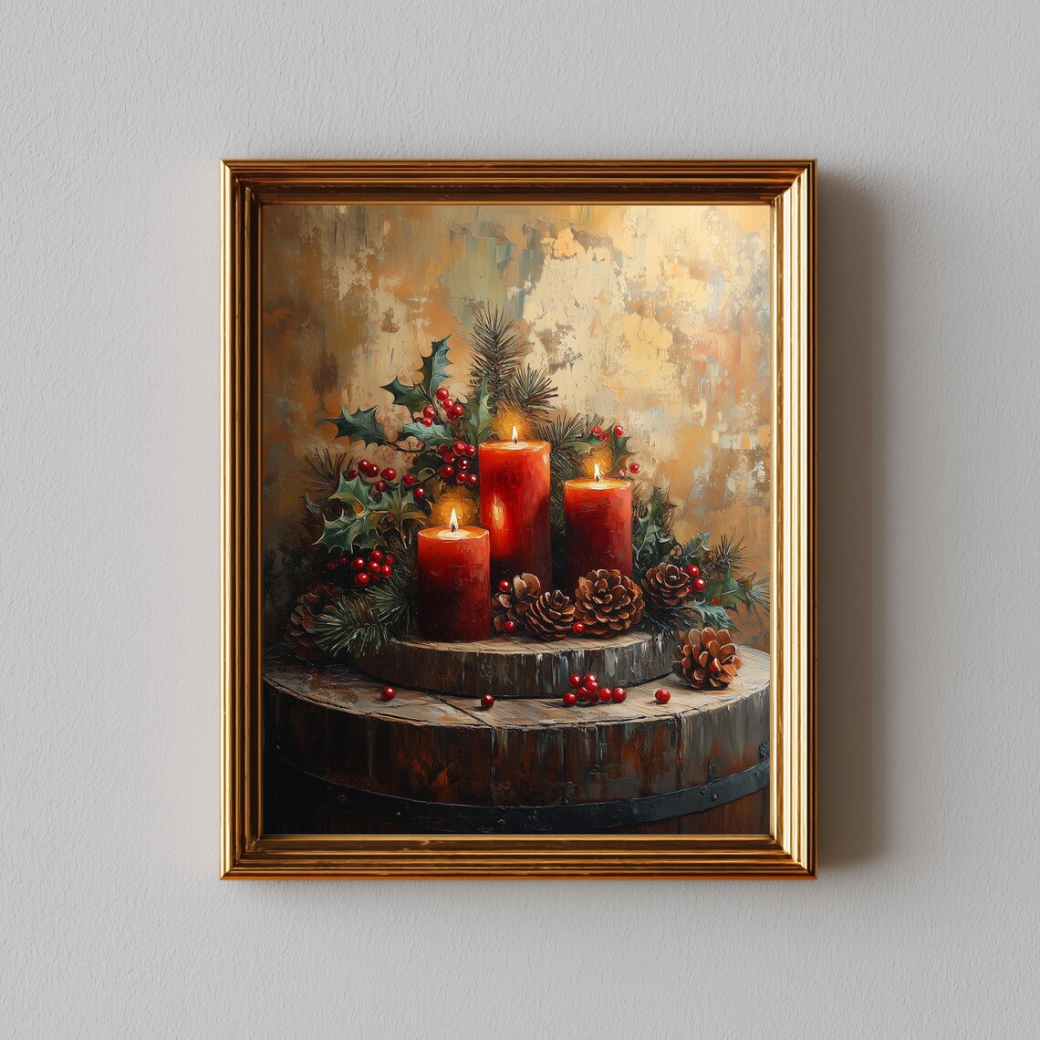 Vintage Christmas Candles Red Candles on Barrel Holly Painting Print