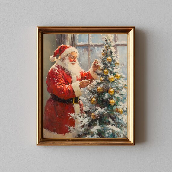 Santa Decorating Christmas Tree Gold Ornaments Classic Poster
