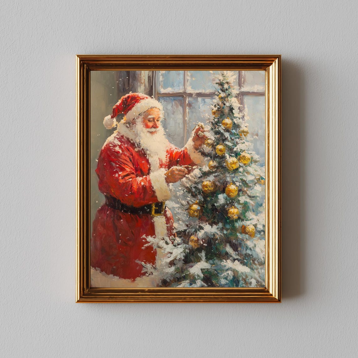 Santa Decorating Christmas Tree Gold Ornaments Classic Poster