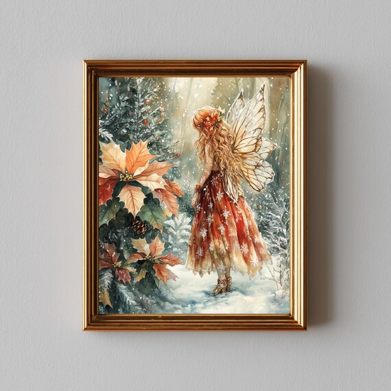 Boho Christmas Fairy Watercolor, Vintage Art Print