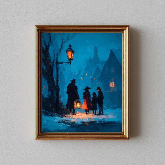 Victorian Christmas Carolers Poster Under Glowing Gas Lamp Light