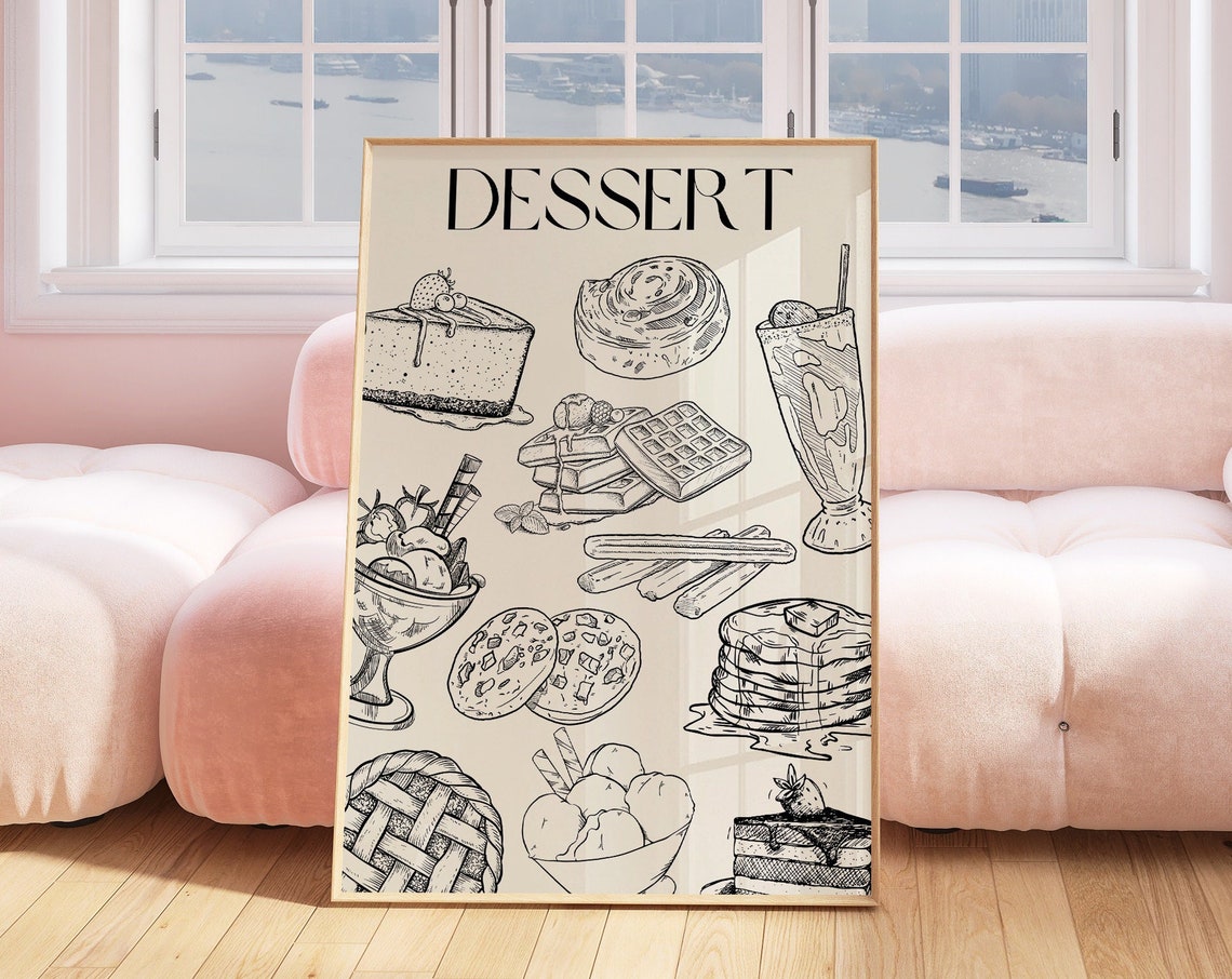 Dessert Hand Drawn Chart Cheesecake Waffles Sundae Kitchen Ink Poster