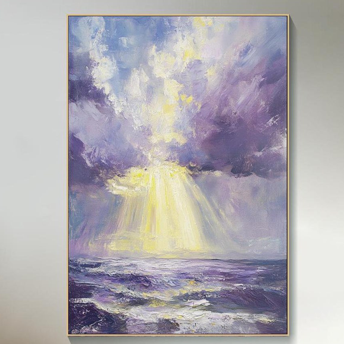Purple Ocean Sunbeam Through Storm Clouds Textured Seascape Poster