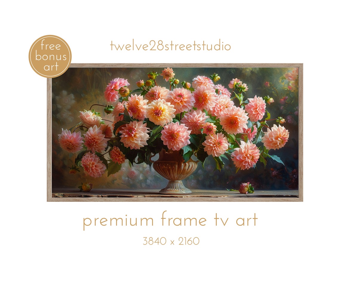 Pink Coral Dahlias Stone Urn Lush Floral Still Life Art Print