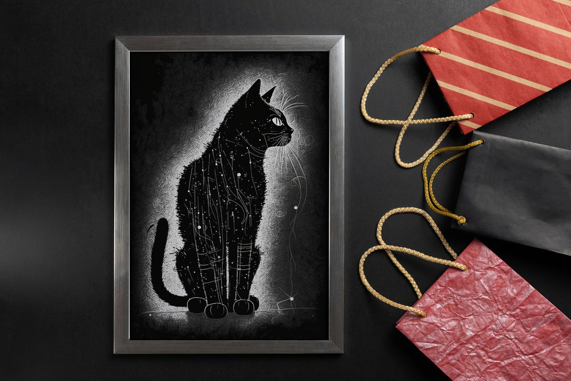 Black Cat Starry Night Silhouette Moody Celestial Animal Art Poster - Image 5