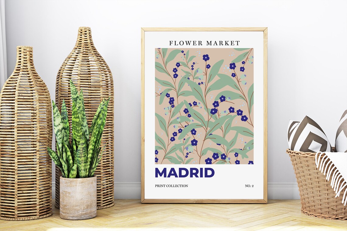 Madrid Flower Market Blue Berries Botanical Retro City Art Poster - Image 4
