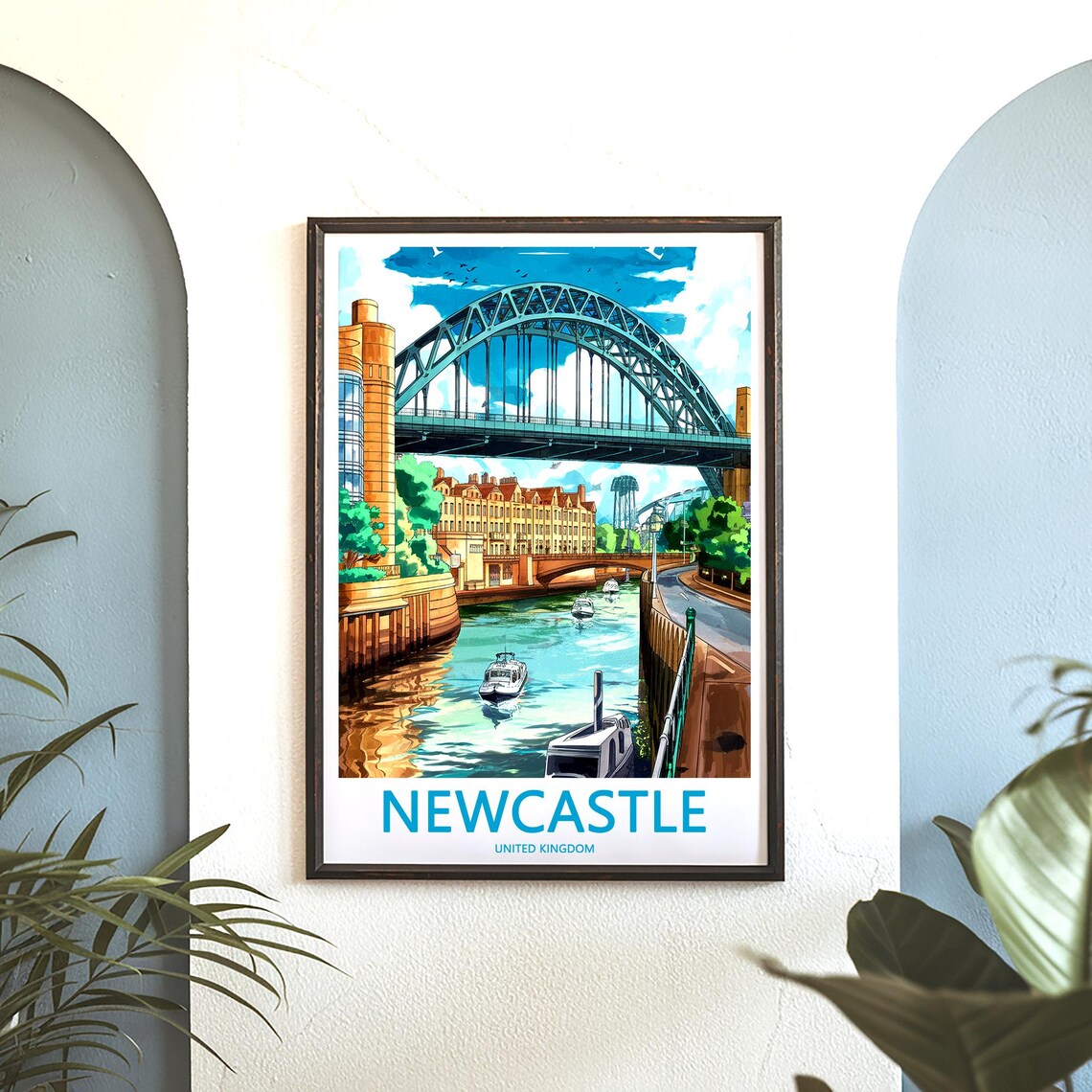 Newcastle Tyne Bridge Full Arch View Over River Boats Travel Poster - Image 3