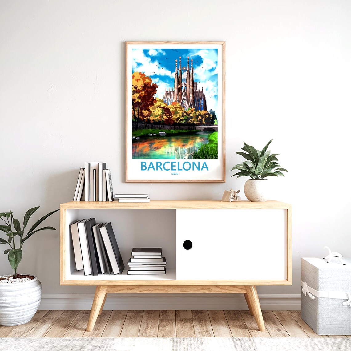 Barcelona Sagrada Família River Reflection Autumn Birds Poster - Image 2