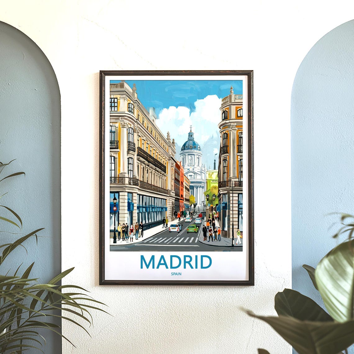 Madrid Blue Dome Cathedral Busy Boulevard Crowds Scene Poster - Image 3