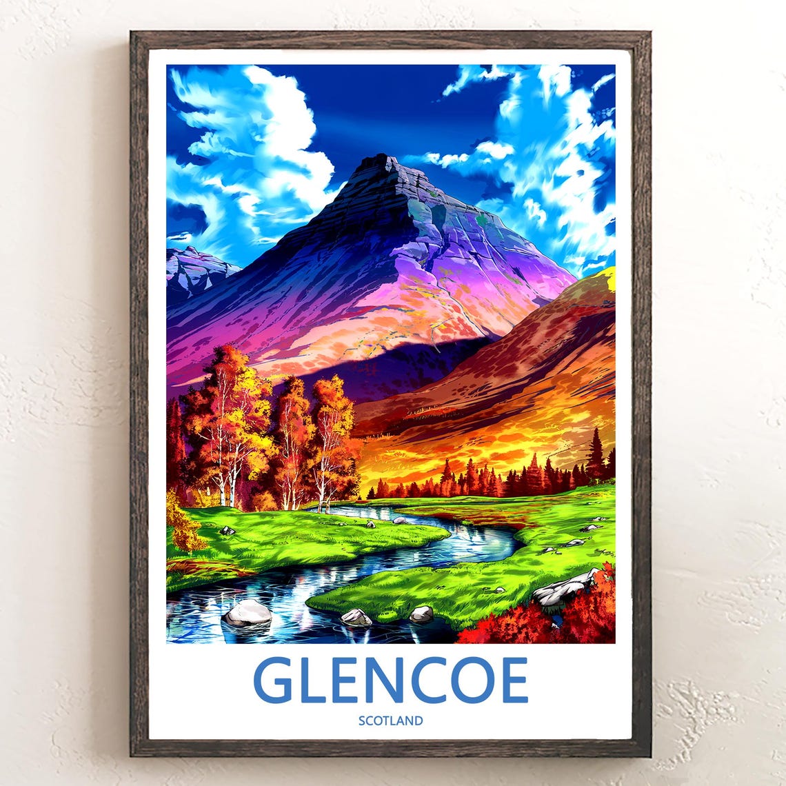 Glencoe Scotland Purple Peak Autumn Stream Valley View Poster