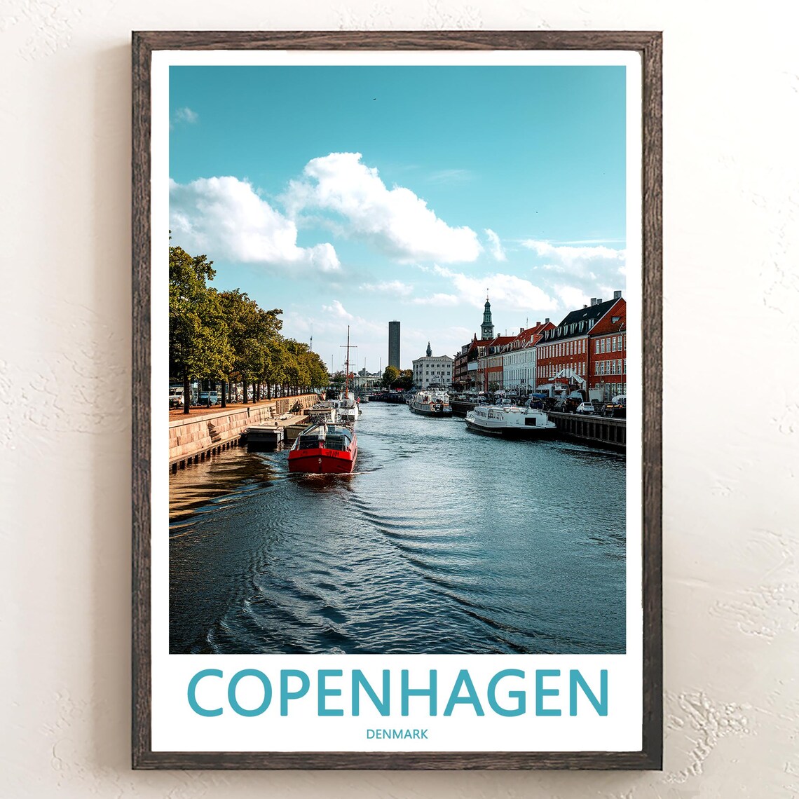 Copenhagen Canal Red Boat Sunny Day Cityscape Denmark Travel Poster