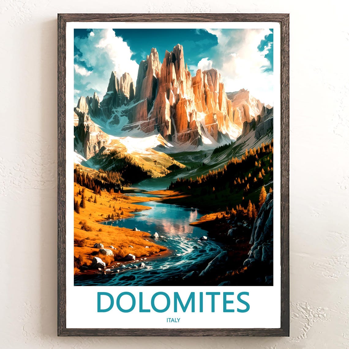 Dolomites Winding River under Jagged Peaks Italy Travel Poster