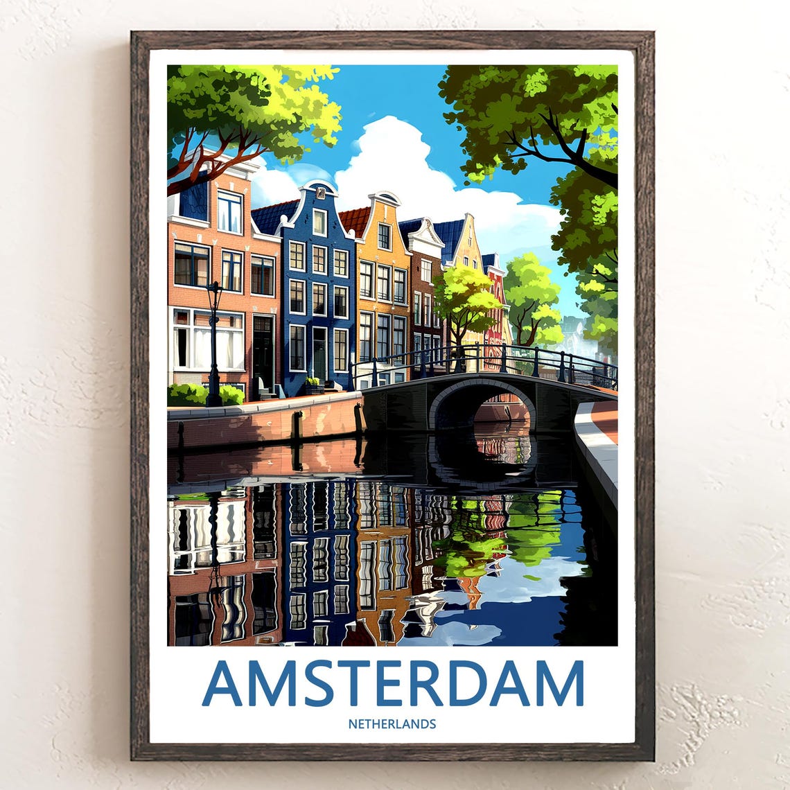 Amsterdam Illustrated Canal with Colorful Gabled Houses Bridge Poster