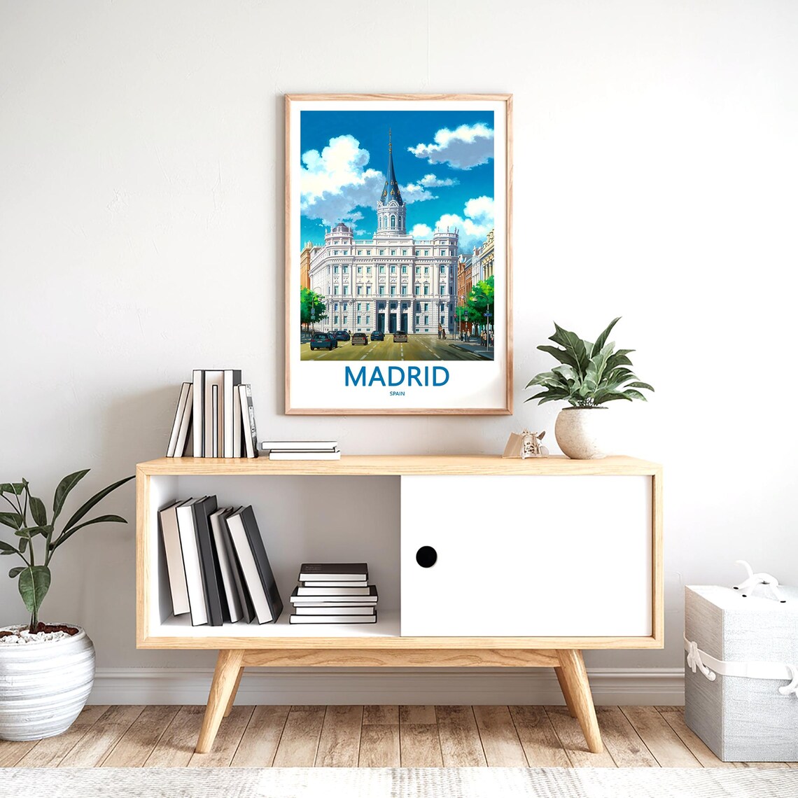 Madrid White Palace Blue Spire Downtown Street Scene View Poster - Image 2
