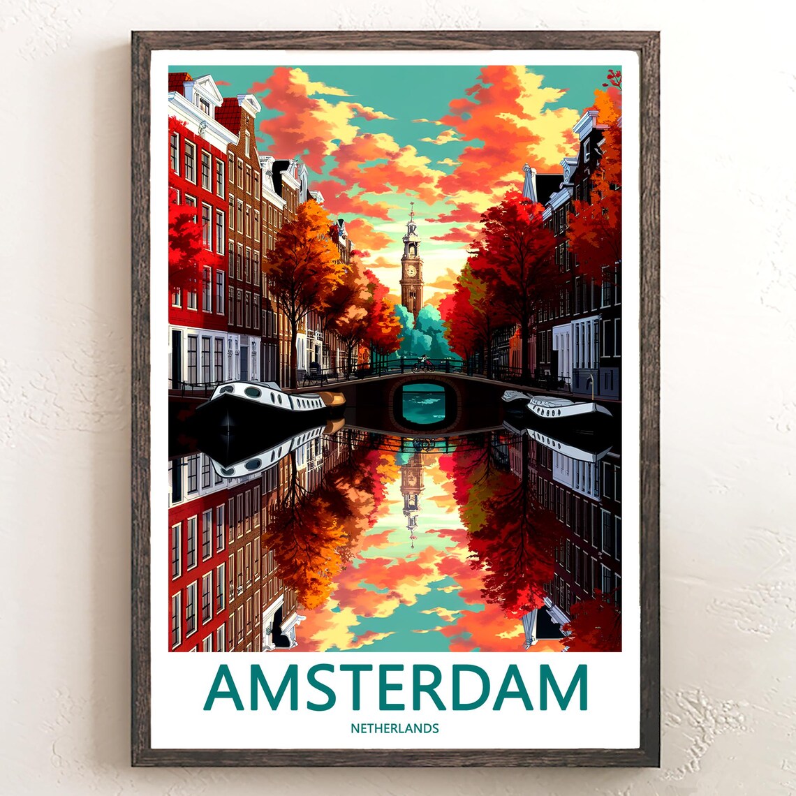 Amsterdam Autumn Canal Mirror Reflection Boats Travel Art Poster