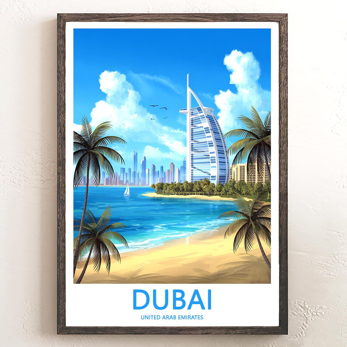 Dubai Burj Al Arab Beach View Palm Trees Sailboat Travel Poster