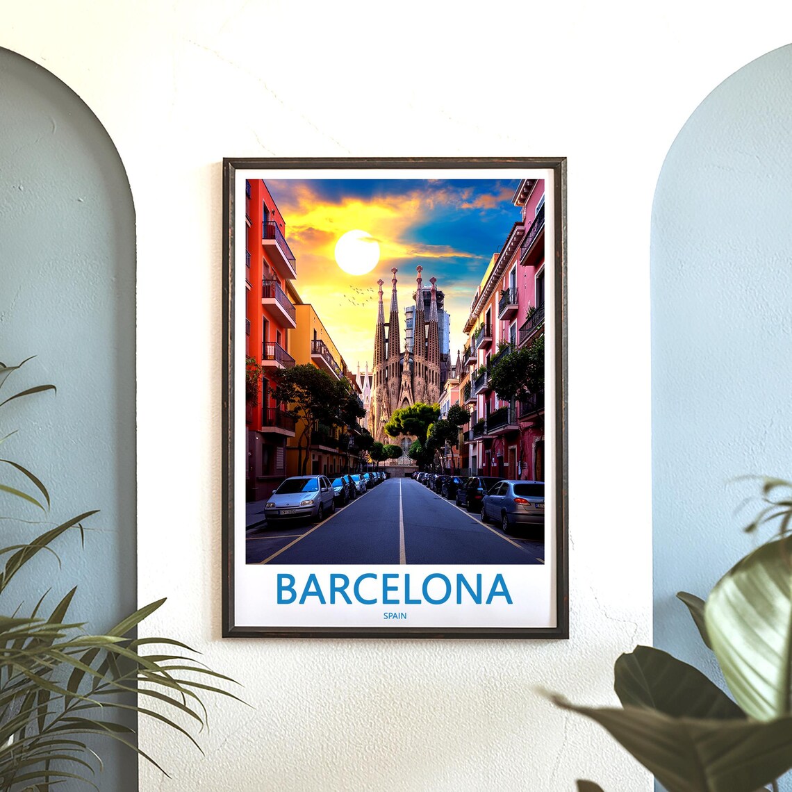 Barcelona Sagrada Familia Street Sunset Photo White Sun Travel Poster - Image 3