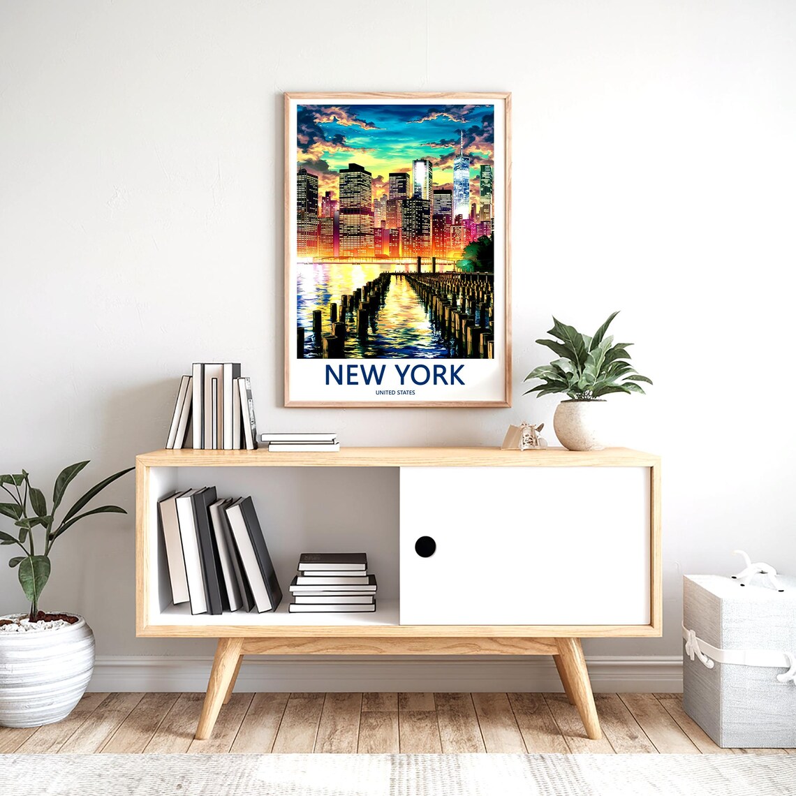 New York Manhattan Skyline Sunset Pier Posts Water Travel Poster - Image 2