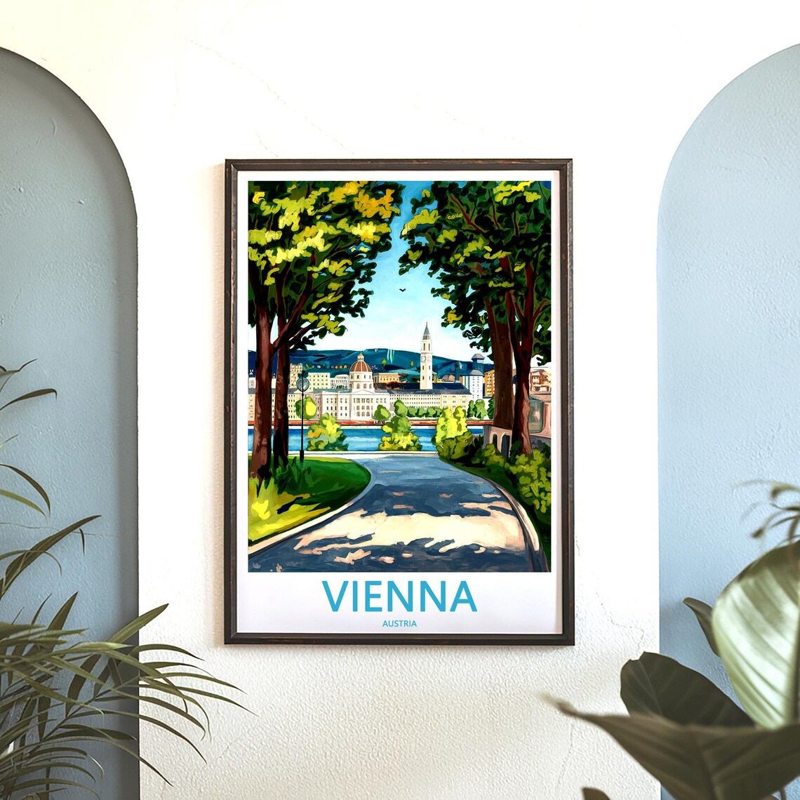 Vienna Tree-Lined Park Road with Old Town View Austria Travel Poster - Image 3