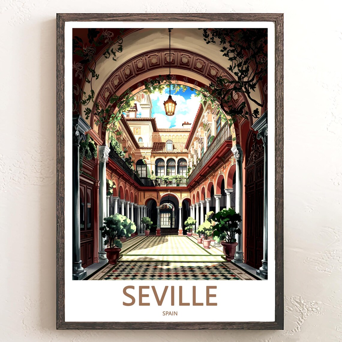 Seville Andalusian Courtyard Arches Historic Patio Travel Poster