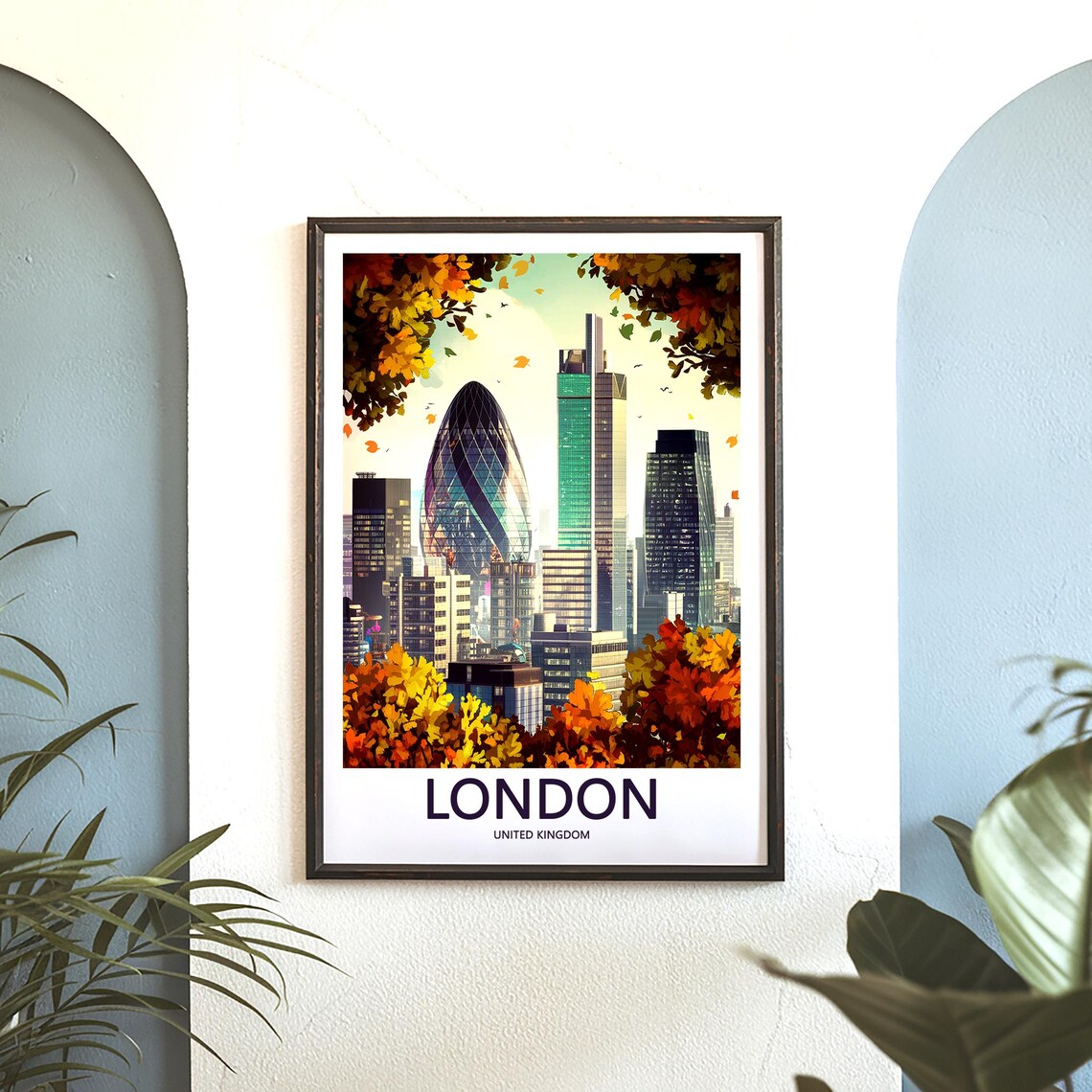 The Gherkin with Autumn Leaves in the City of London Skyline Poster - Image 3