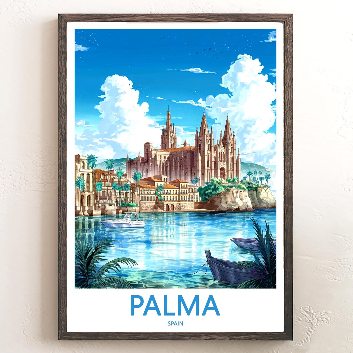 Palma Spain Seaside Cathedral With Boats and Palm Fronds Poster