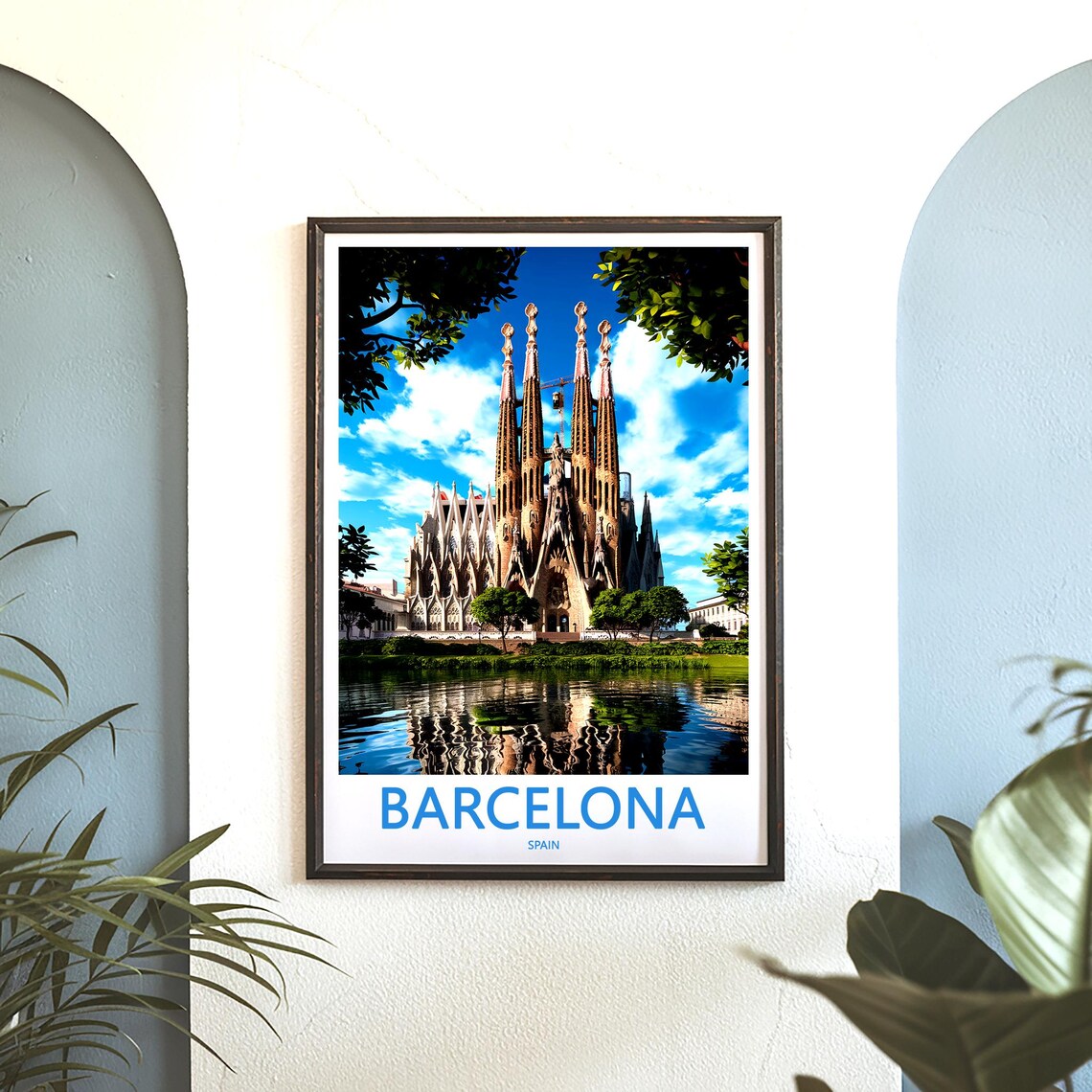 Barcelona Sagrada Familia Water Reflection Branch Frame Travel Poster - Image 3