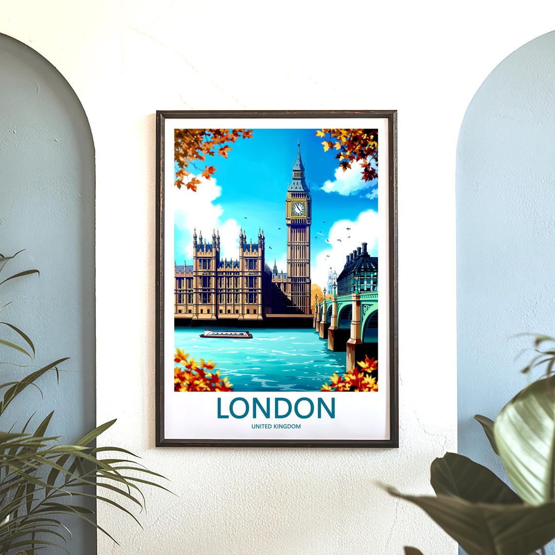 London Big Ben Autumn Teal Thames and River Boat View Poster - Image 3