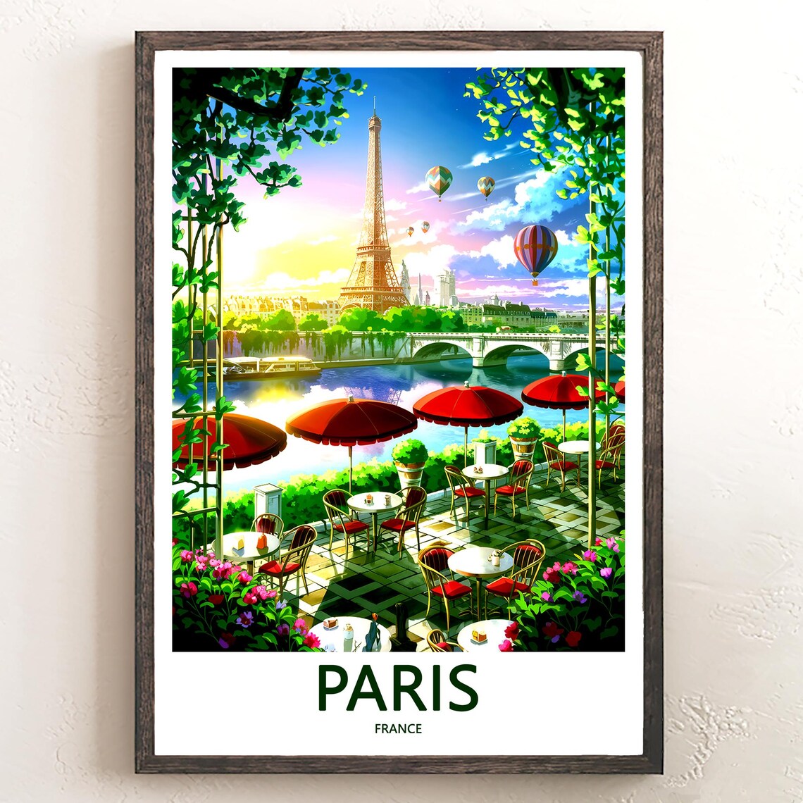 Eiffel Tower Cafe Terrace Red Umbrellas Balloons Paris France Poster