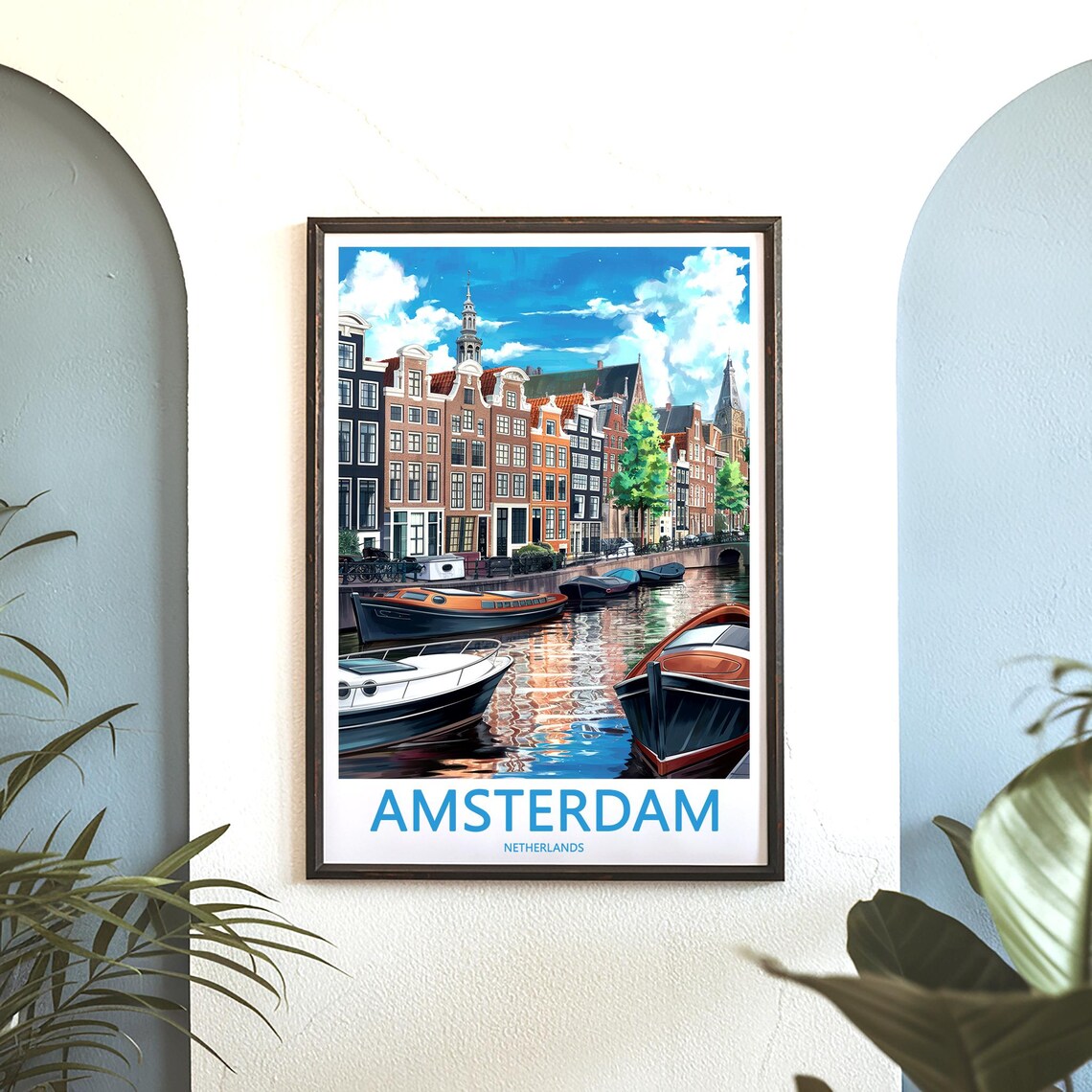 Amsterdam Canal Daytime Boats Gabled Houses Illustrated Poster - Image 3
