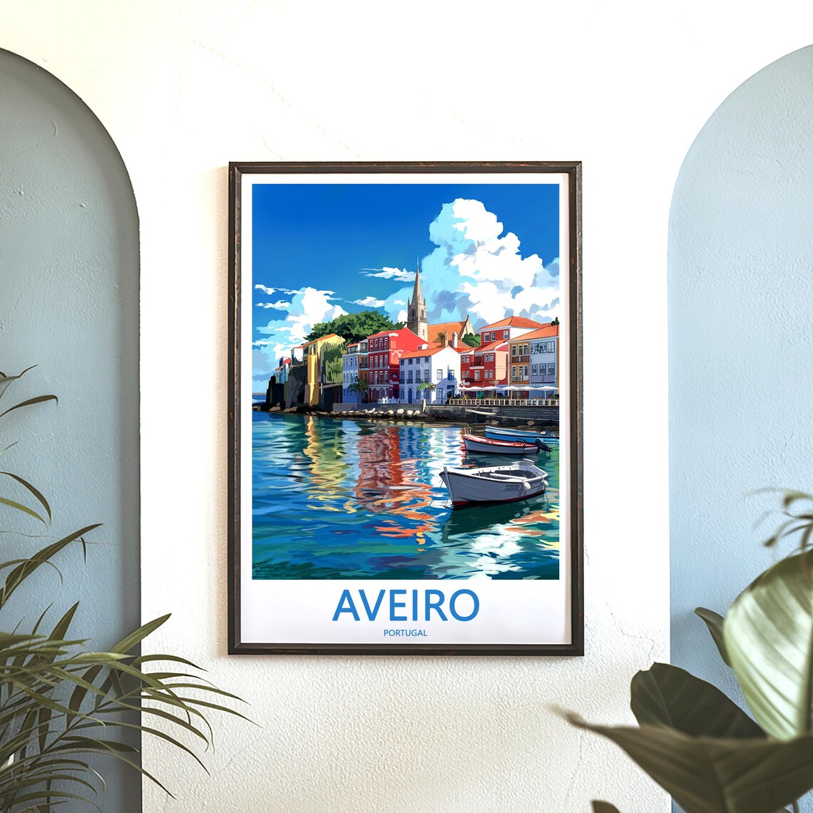 Aveiro Portugal Colorful Waterfront Boats Church Spire Travel Poster - Image 3