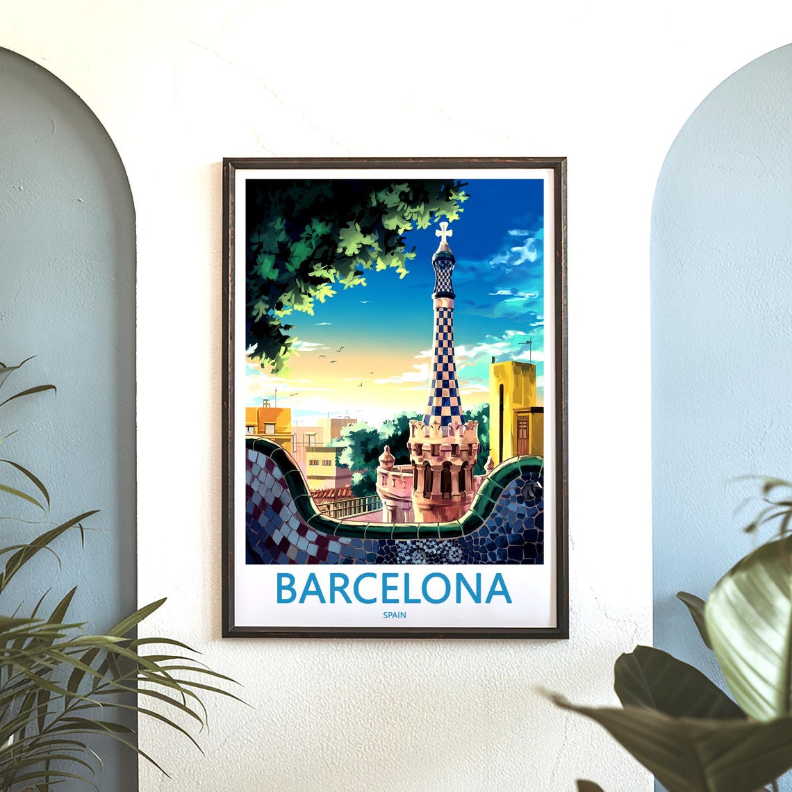 Barcelona Park Güell Checkered Tower Sunset Anime Scene Poster - Image 3