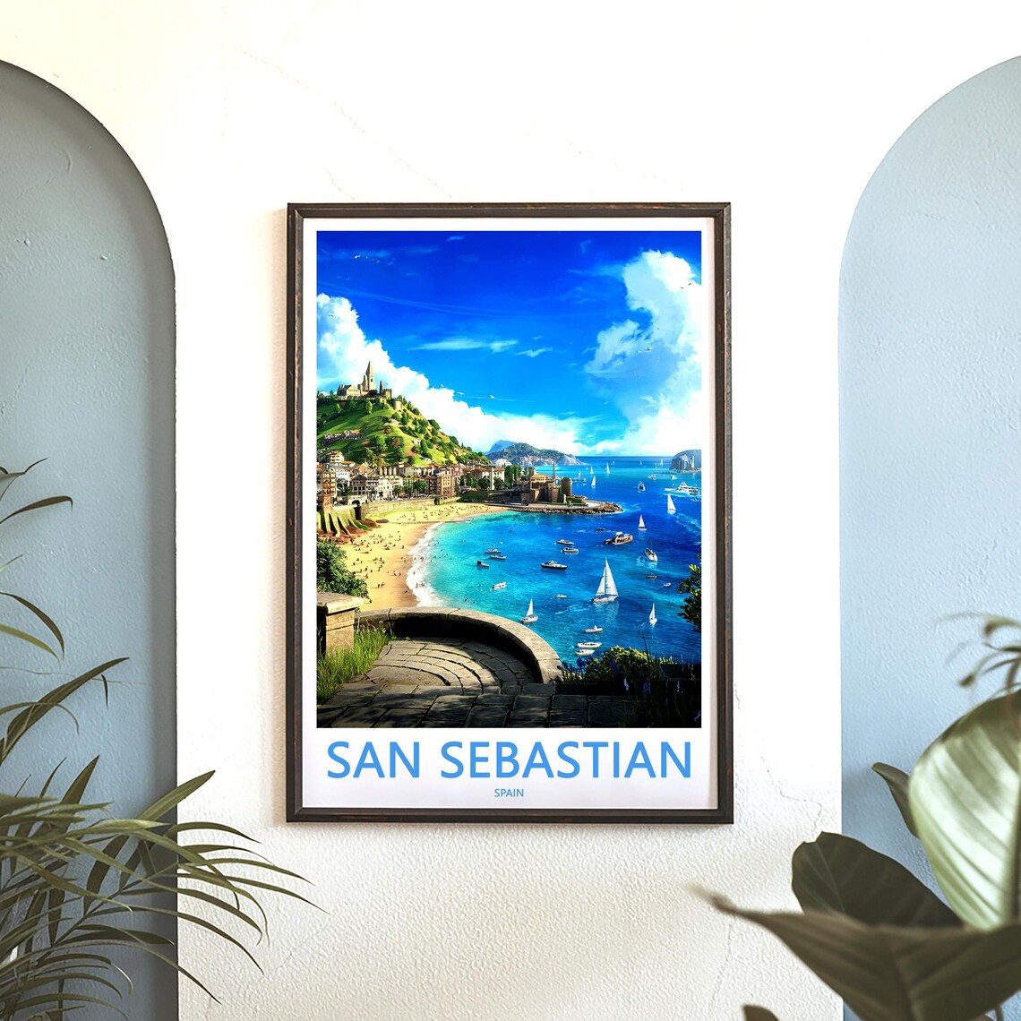 San Sebastian Beach Sailboats Monte Igueldo Coast Travel Poster - Image 3